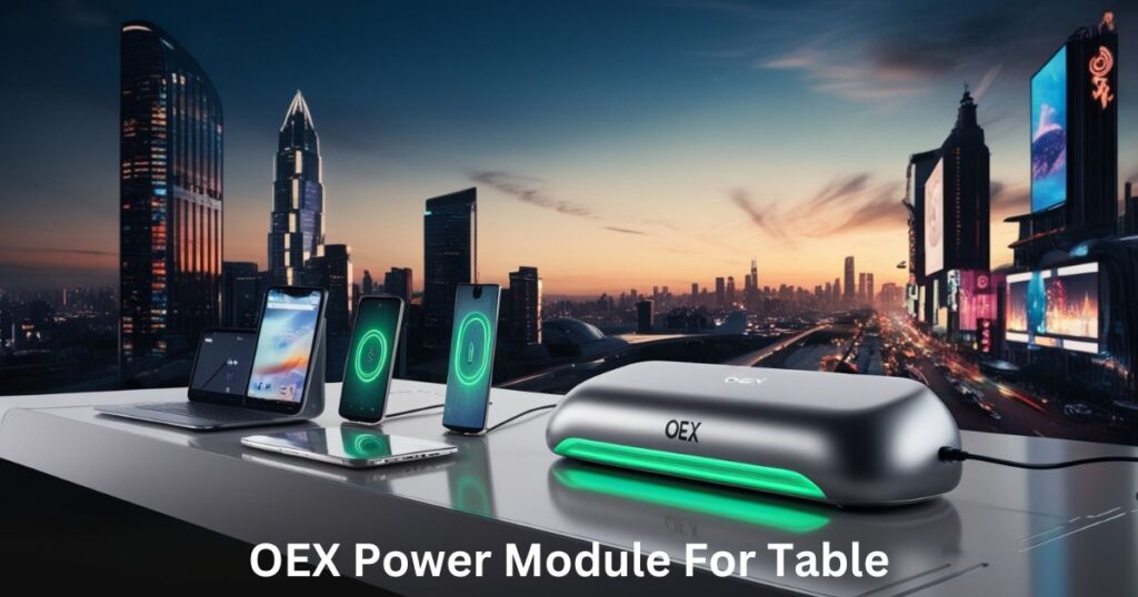 A sleek, futuristic desk setup with the OEX Power Module for table glowing in eco-friendly green light, powering multiple devices with a dramatic city skyline in the background