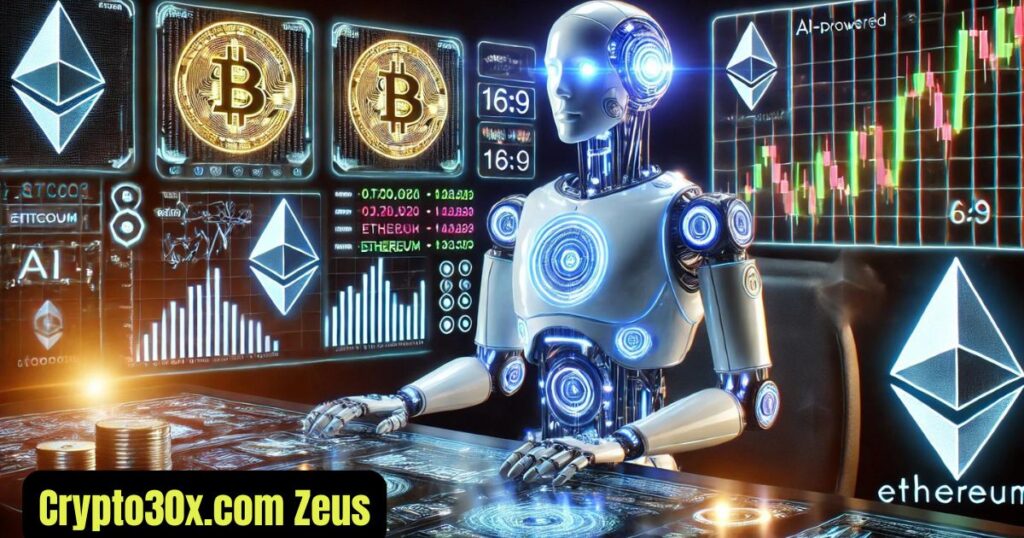 Crypto30x.com Zeus-A futuristic robot, glowing with neon lights, monitoring huge digital screens showing skyrocketing cryptocurrency charts.