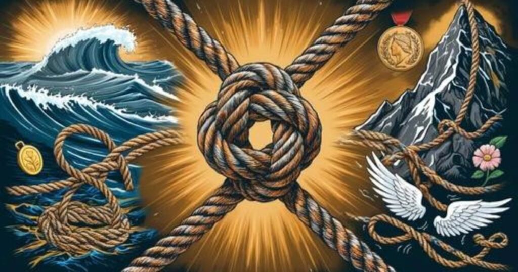 Dramatic illustration of the Crock Knot symbolically connecting elements like a stormy sea, mountain climb, and personal triumphs