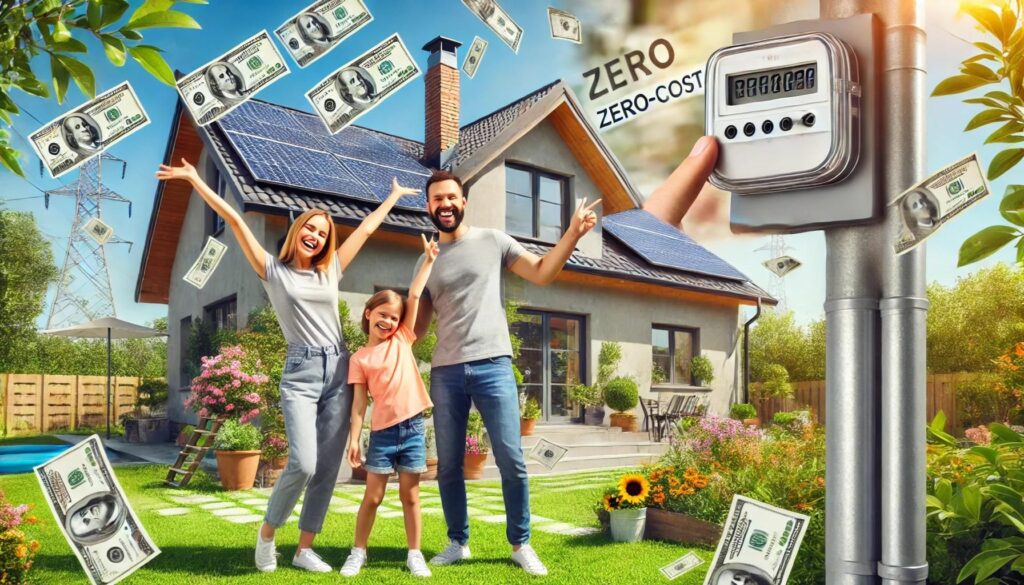 Hamro Solar LLC- A happy family celebrating their zero-cost electric meter in their backyard, with solar panels and money raining down